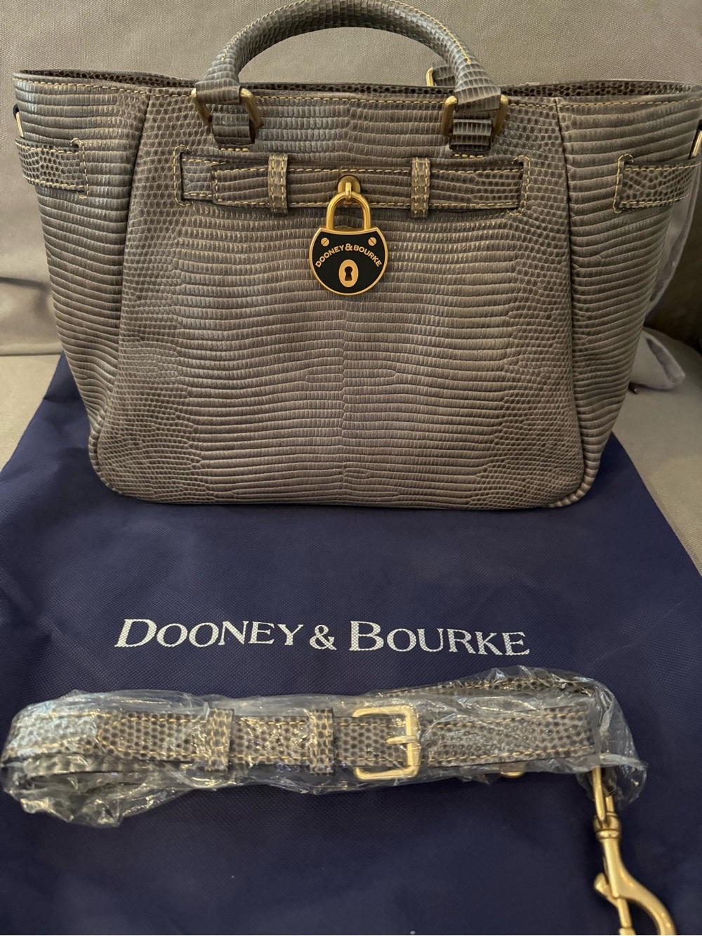 Dooney & Bourke Gray Lizard-Embossed Tote with Gold Lock Charm